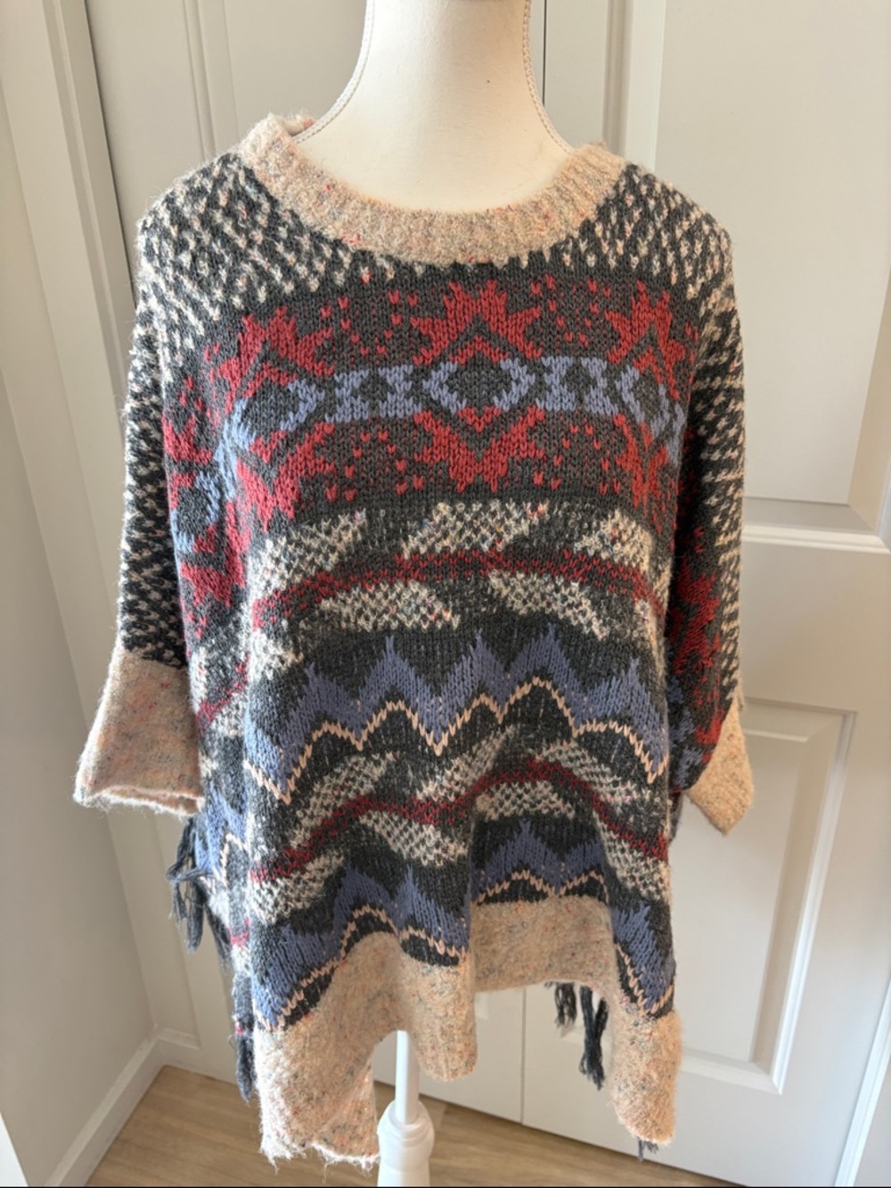 Multi-Color Patterned Knit Poncho Sweater - Gray, Red & Blue